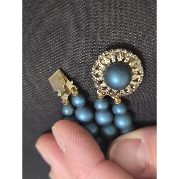 Vtg Estate Double Strand Graduated Faux Blue Pearl Necklace Ornate Clasp - Picture 7 of 8